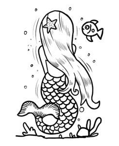 disegno di una sirena di spalle con stella marina in testa in ginocchio sul fondo del mare in bianco e nero
