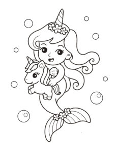 disegno in bianco e nero di una sirena con fiori in testa che tiene in mano un unicorno