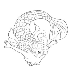 disegno in bianco e nero di una sirena che nuota nel mare