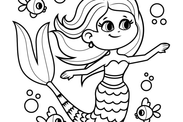 sirena da colorare che nuota in mare tra diversi pesci