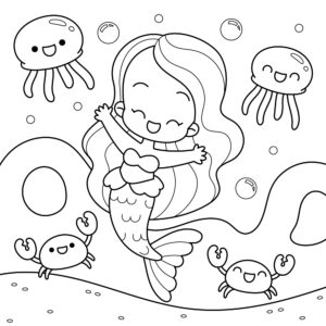 disegno per bambini di una sirena che ride nel mare tra meduse e granchi allegri